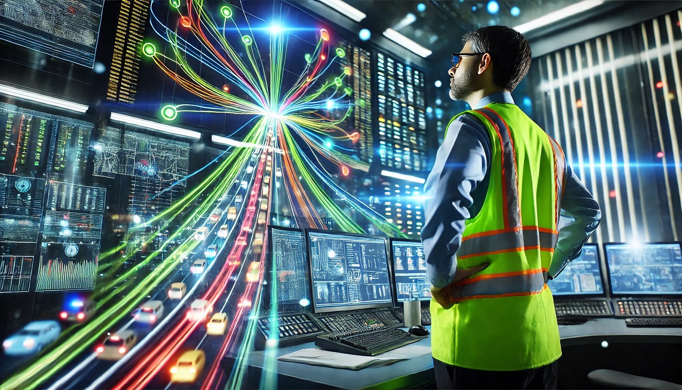 A man in a high-visibility vest standing in a control room full of monitors, watching streams of coloured light lines flow over a busy highway of cars