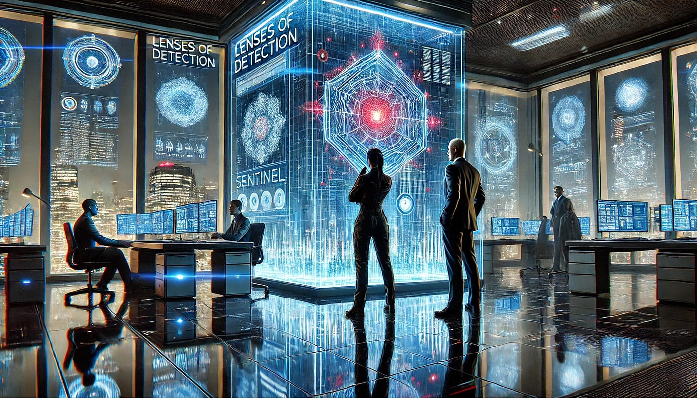 Two figures in a dark security operations room facing a glowing holographic display labelled Lenses of Detection and Sentinel