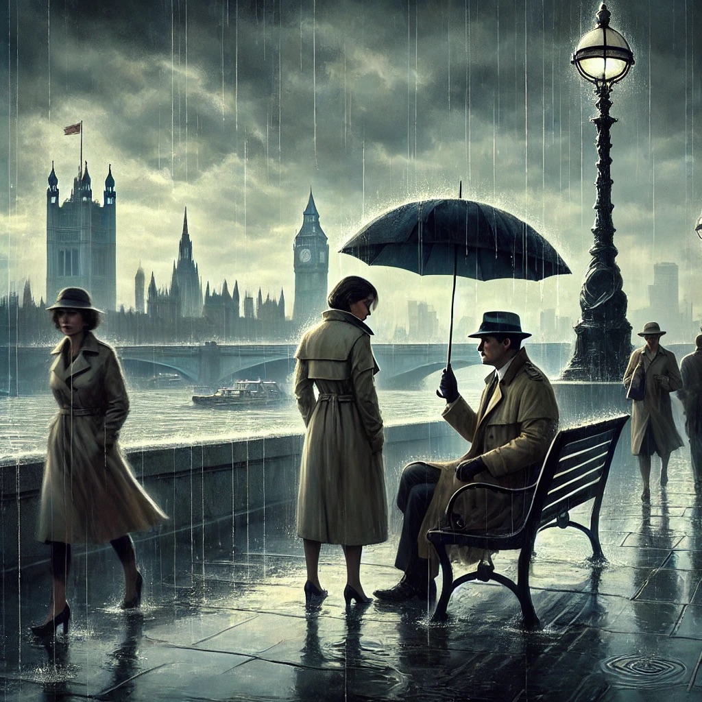 Figures in trench coats meeting by the Thames in heavy rain, one under an umbrella on a bench, with Parliament and Big Ben behind