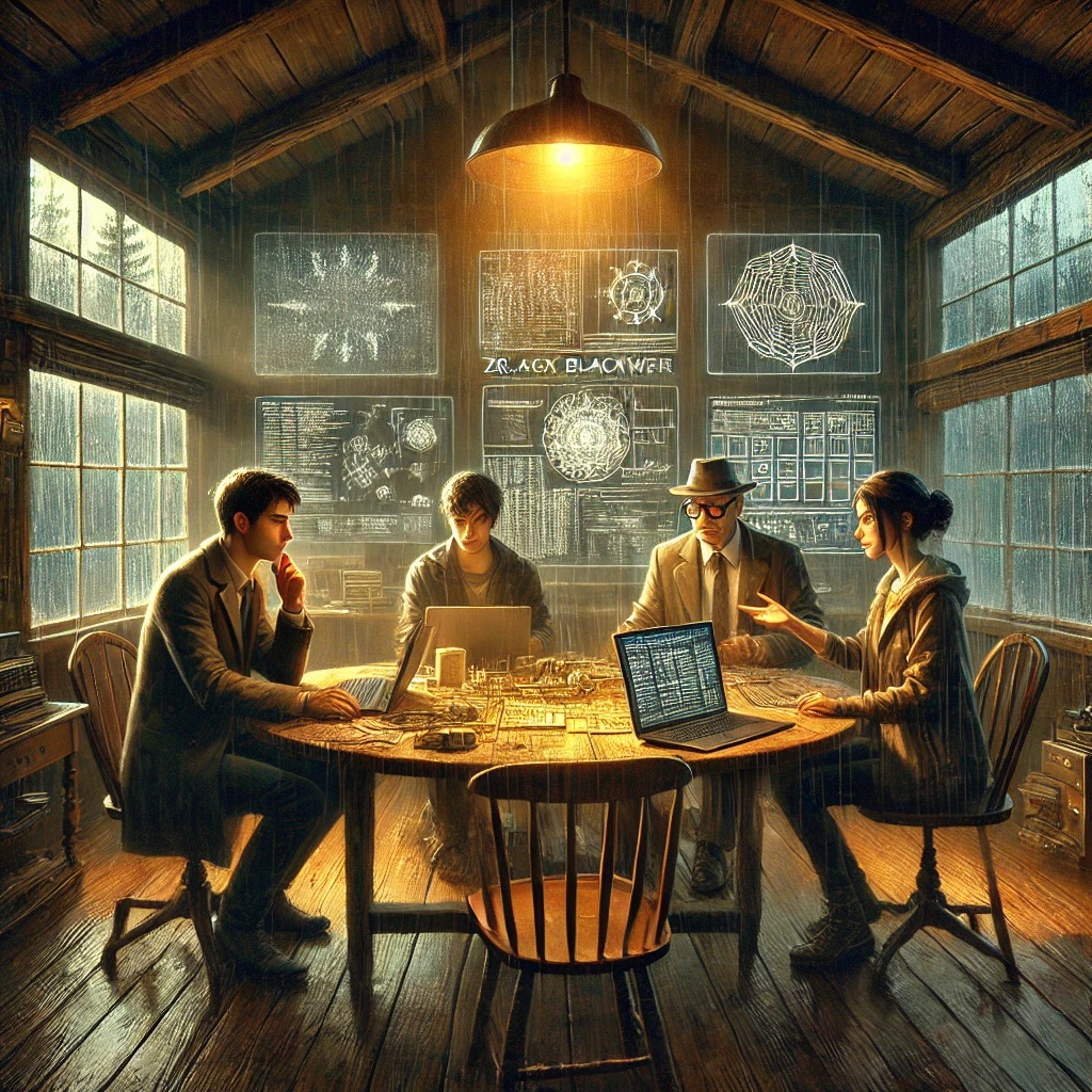 Four people around a wooden table with laptops in a rain-lashed cabin, diagrams glowing on the wall behind them