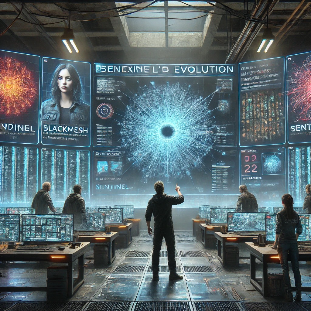 A man pointing at a wall of screens in a converted data centre showing a network visualisation titled Sentinel evolution