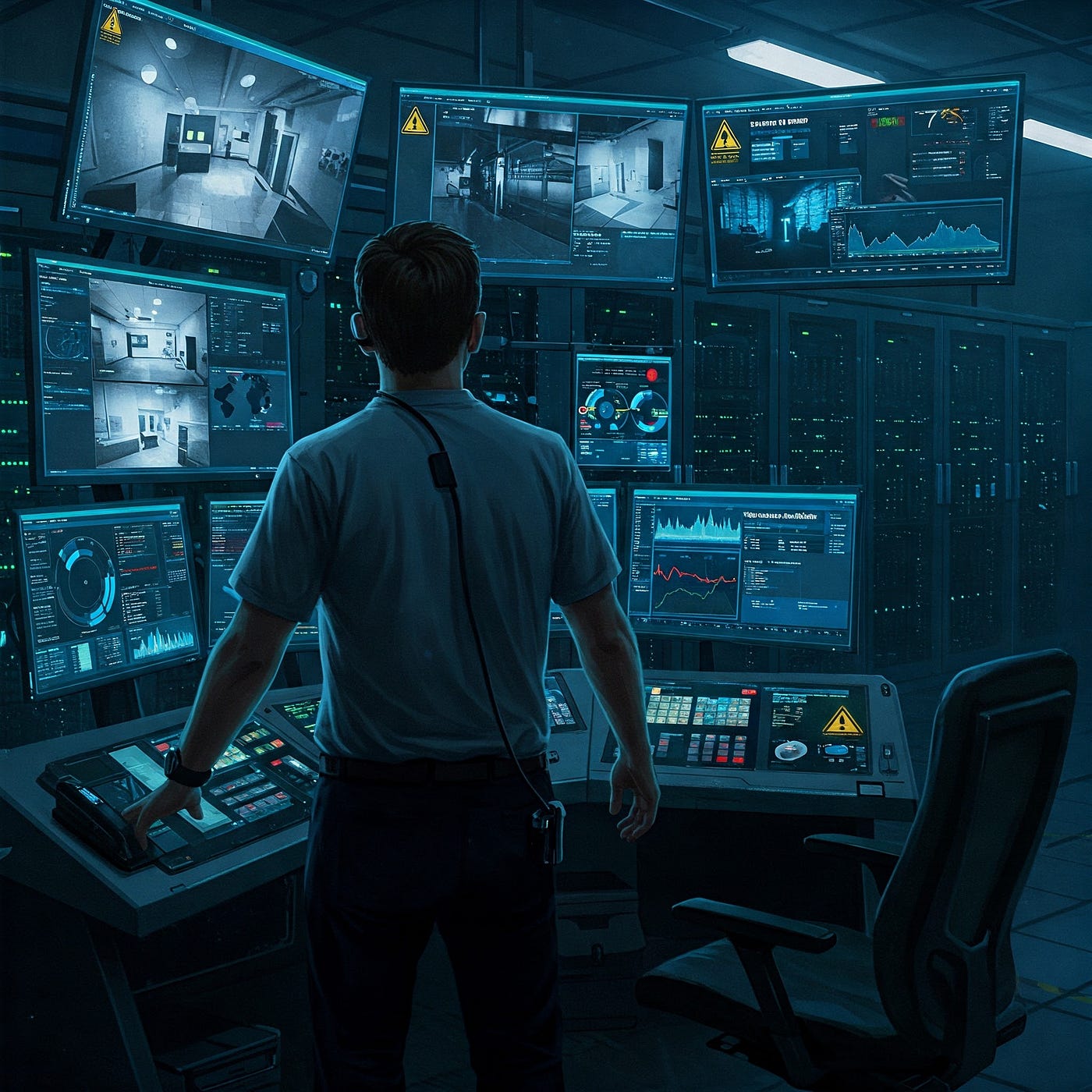 A man seen from behind facing a security control desk covered in camera feeds and warning dashboards