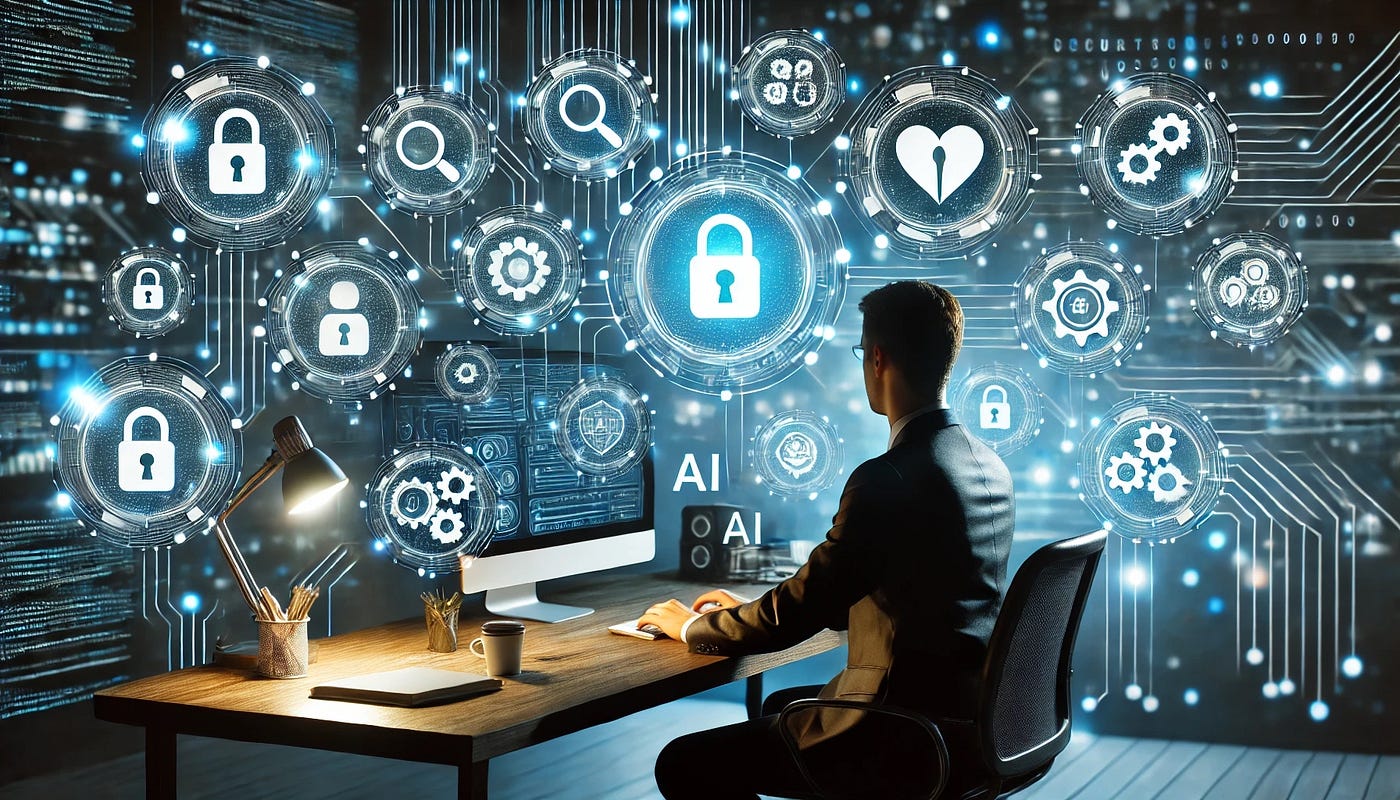 A man in a suit works at a desk facing a glowing blue wall of circular security icons such as padlocks, gears and a magnifying glass, with “AI” labels floating nearby