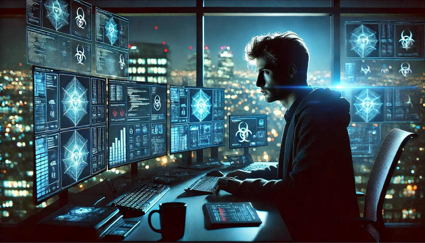 A silhouetted analyst working late at a desk of glowing security dashboards, with the London skyline at night behind him