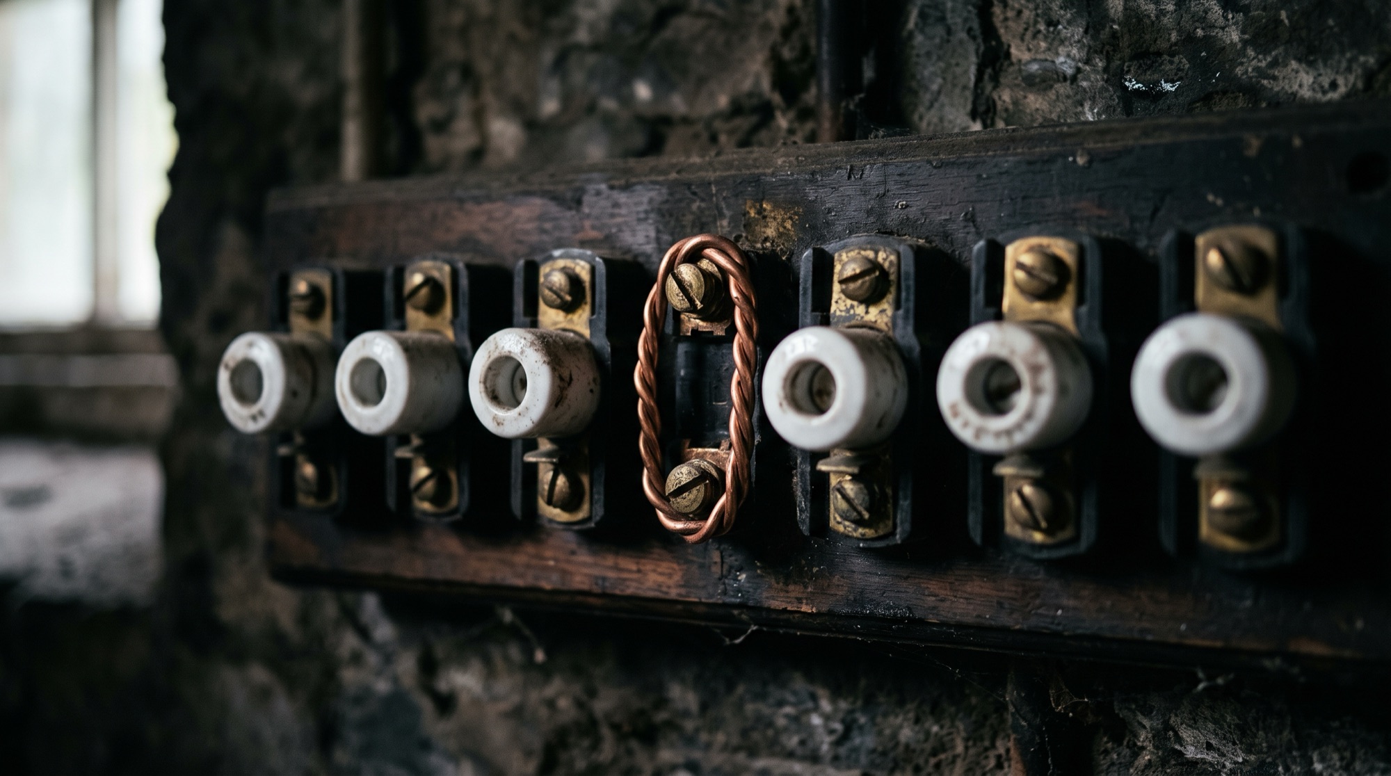Close-up of an old fuse board on a stone wall with a row of white ceramic fuses, one of them missing and bypassed by a loop of twisted copper wire around its two terminals