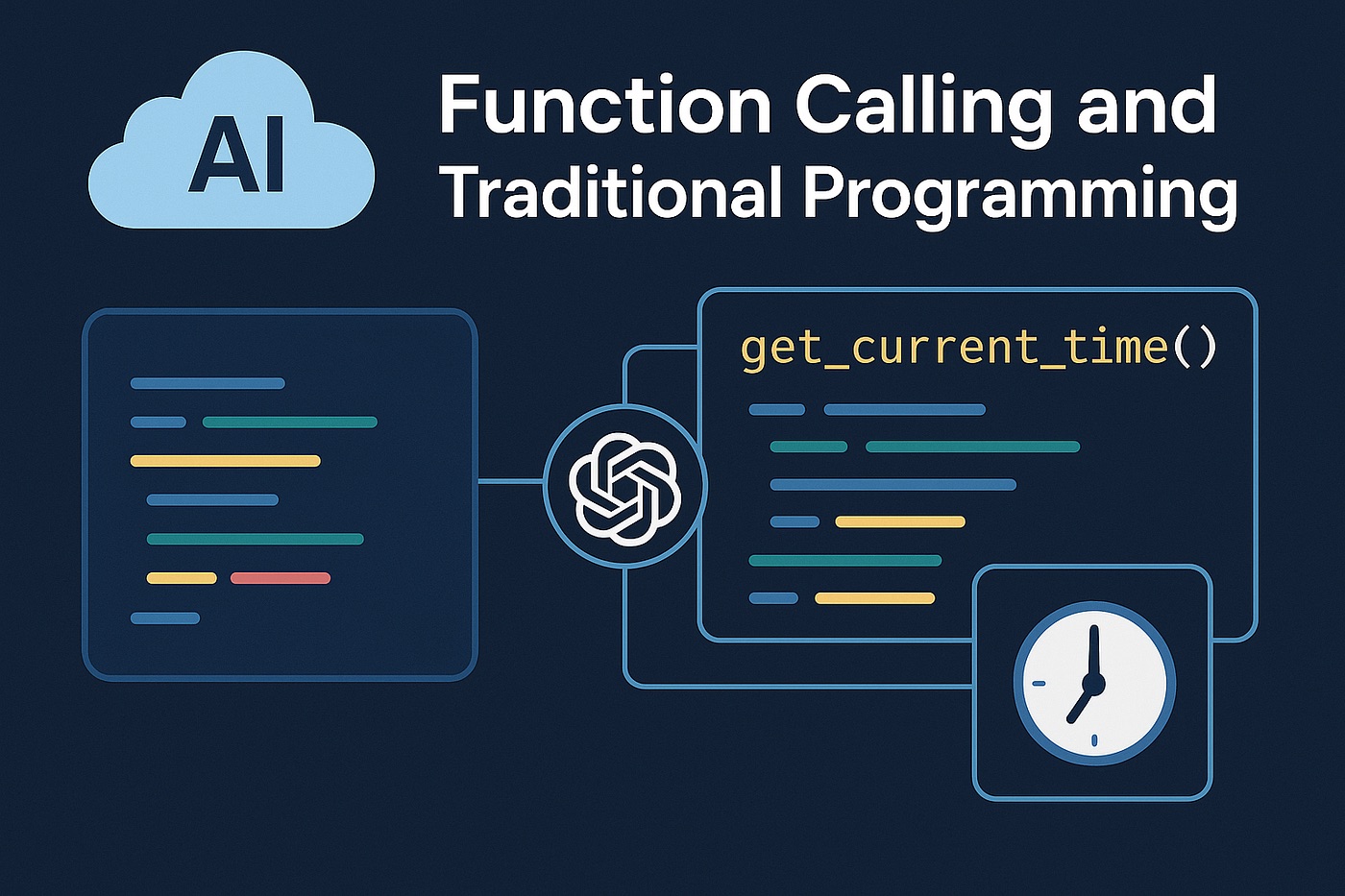 Dark blue diagram titled “Function Calling and Traditional Programming”, with an AI cloud icon, an OpenAI logo linking a code panel to a get_current_time() panel, and a clock
