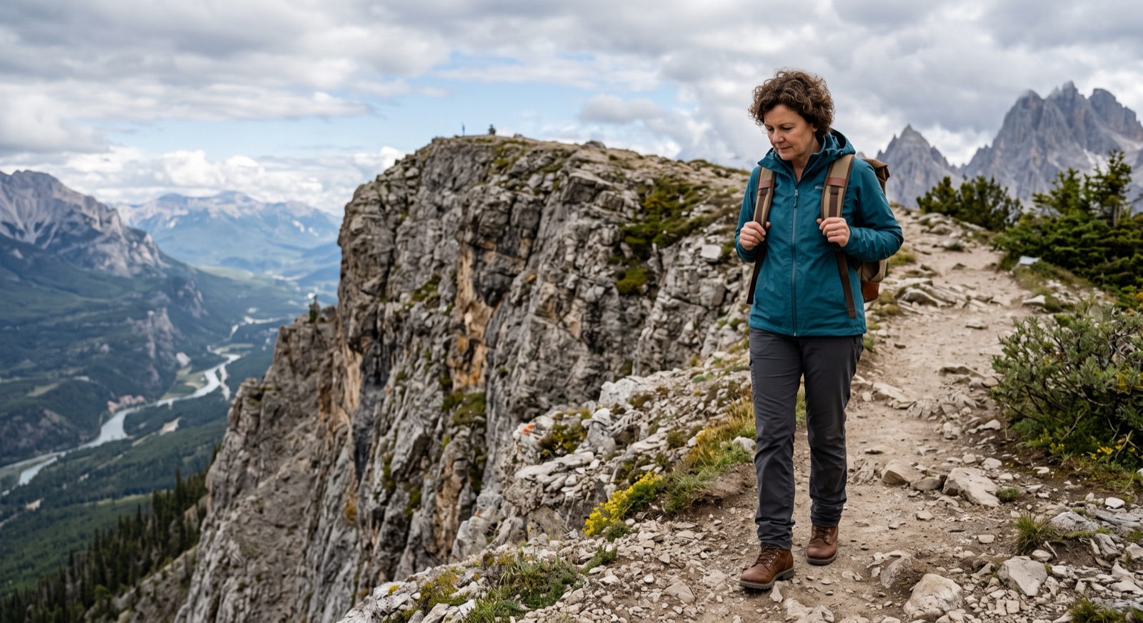 A hiker walks carefully along a rocky mountain path beside a sheer cliff edge, with a valley far below