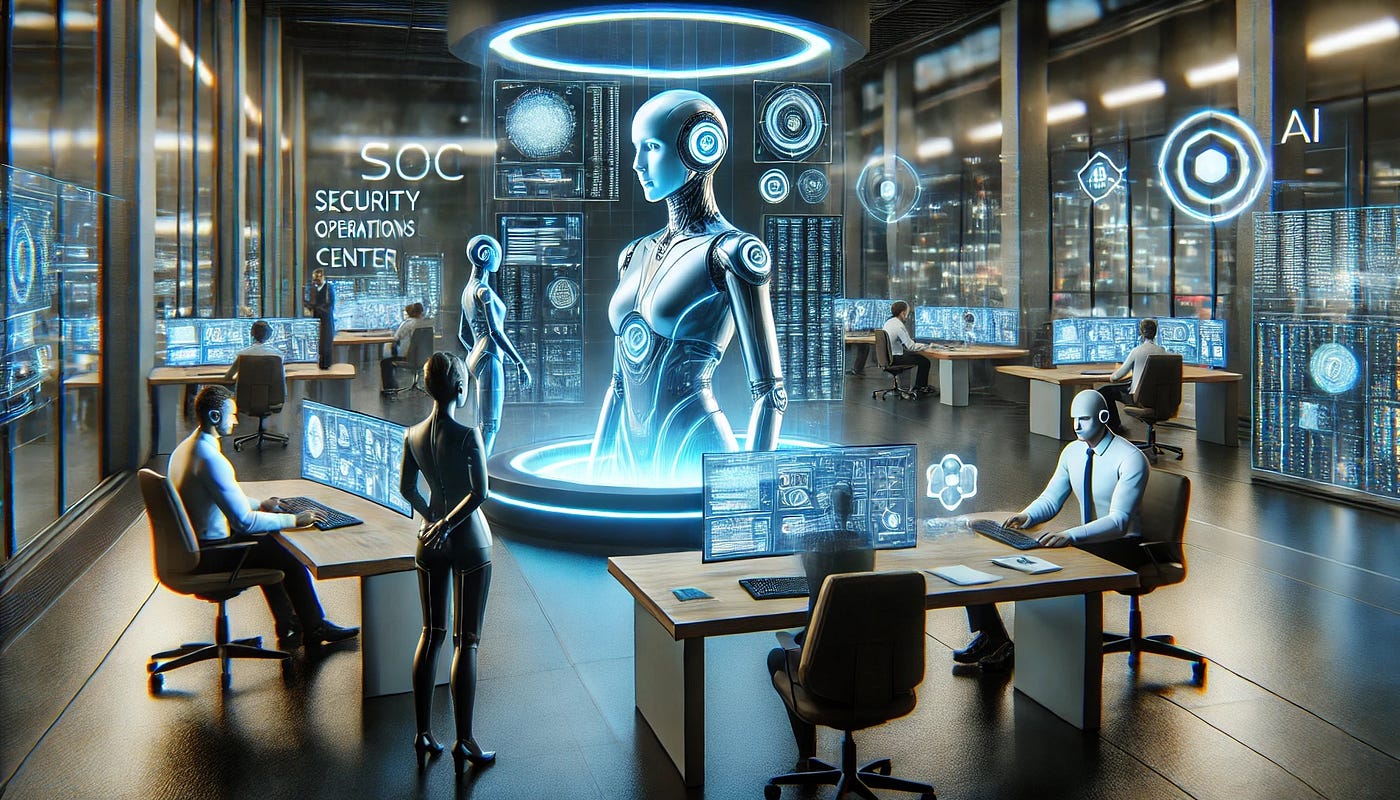 Futuristic Security Operations Center where analysts at desks work alongside a holographic humanoid AI figure standing on a glowing platform, surrounded by screens