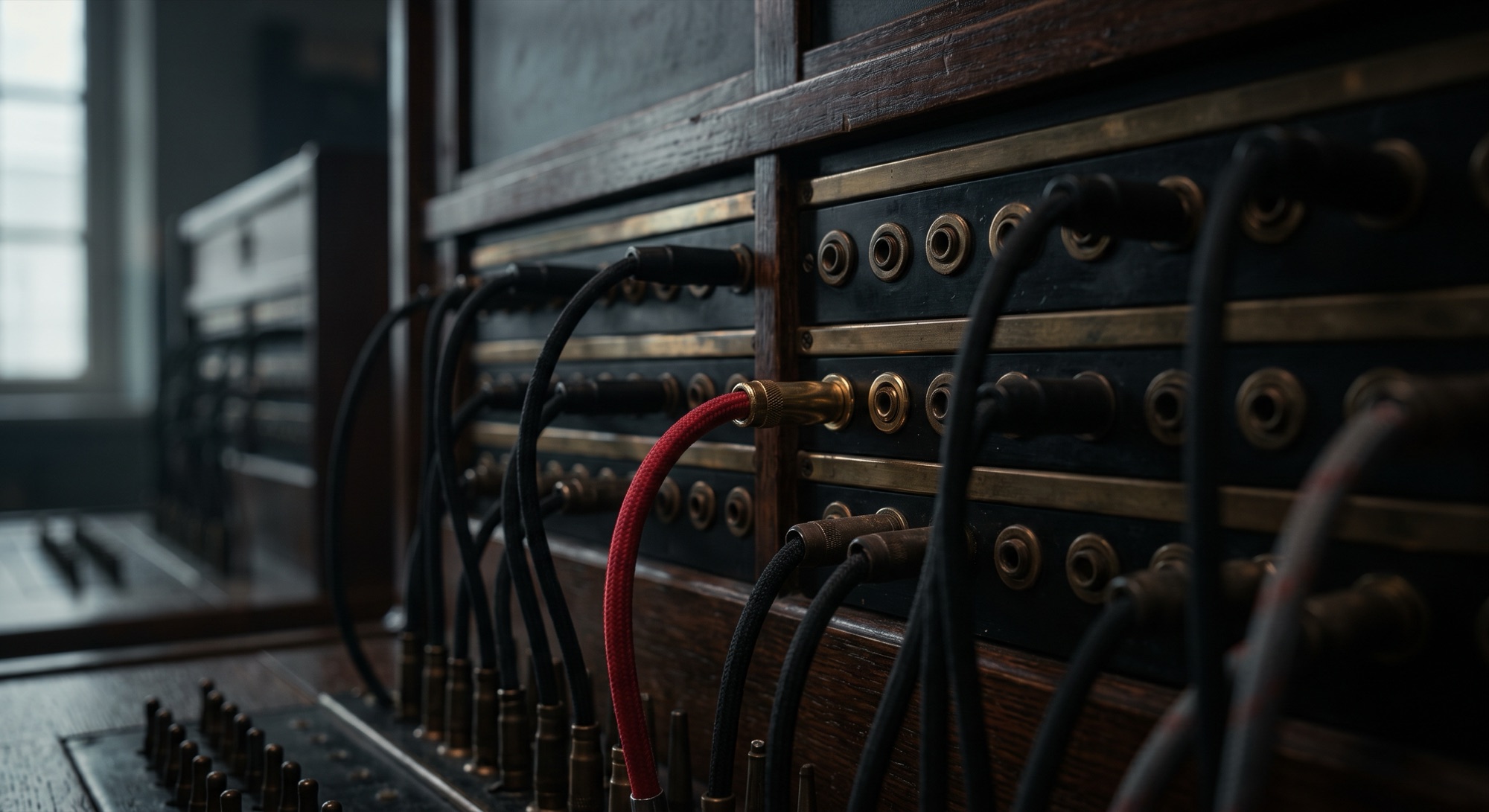 Close-up of an old telephone switchboard with many black patch cables plugged in, and one red cable in the middle of them
